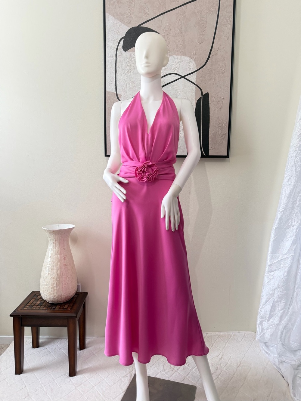 Zara Fuchsia Halter Satin Midi Dress with Rosette Waist